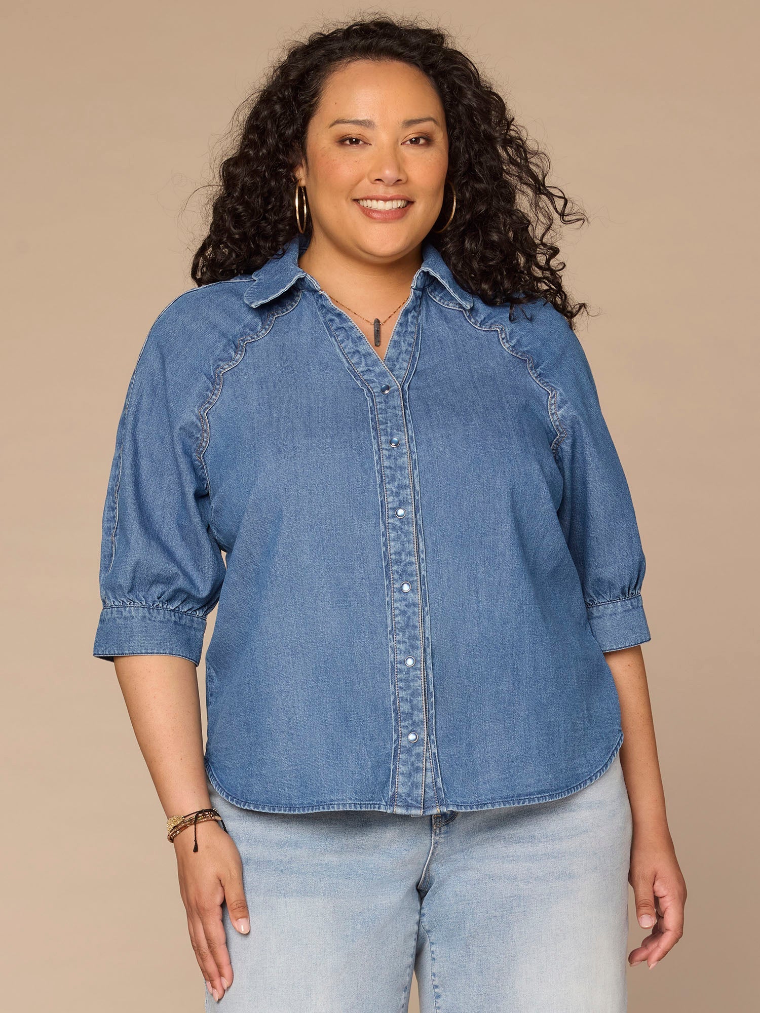 Below Elbow Sleeve Scallop Collar Snap Button Down Plus Size Denim Top