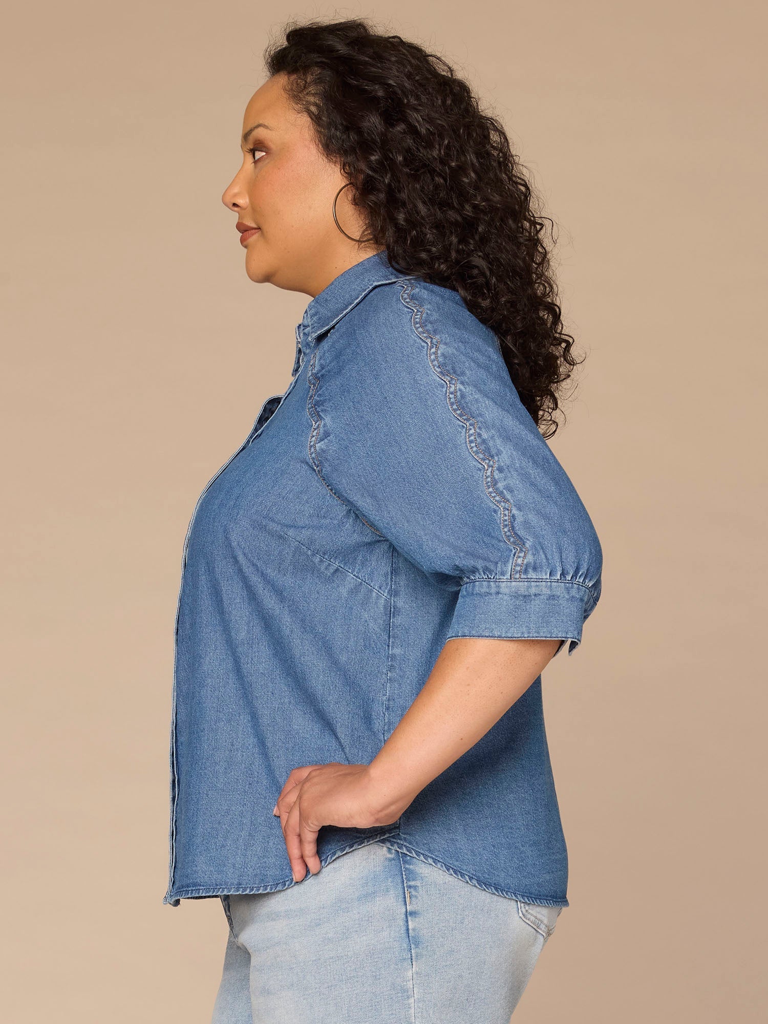 Below Elbow Sleeve Scallop Collar Snap Button Down Plus Size Denim Top