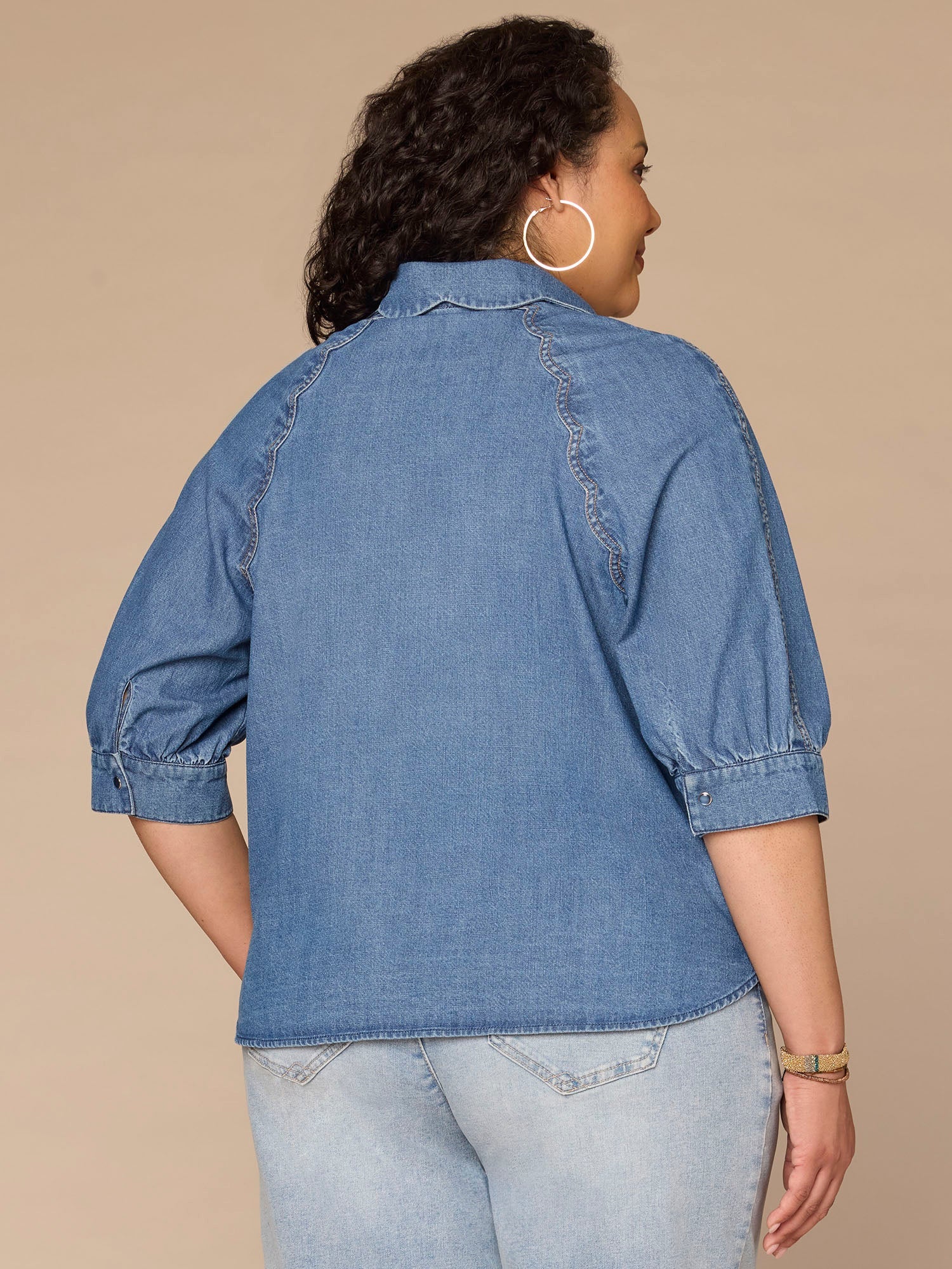Below Elbow Sleeve Scallop Collar Snap Button Down Plus Size Denim Top