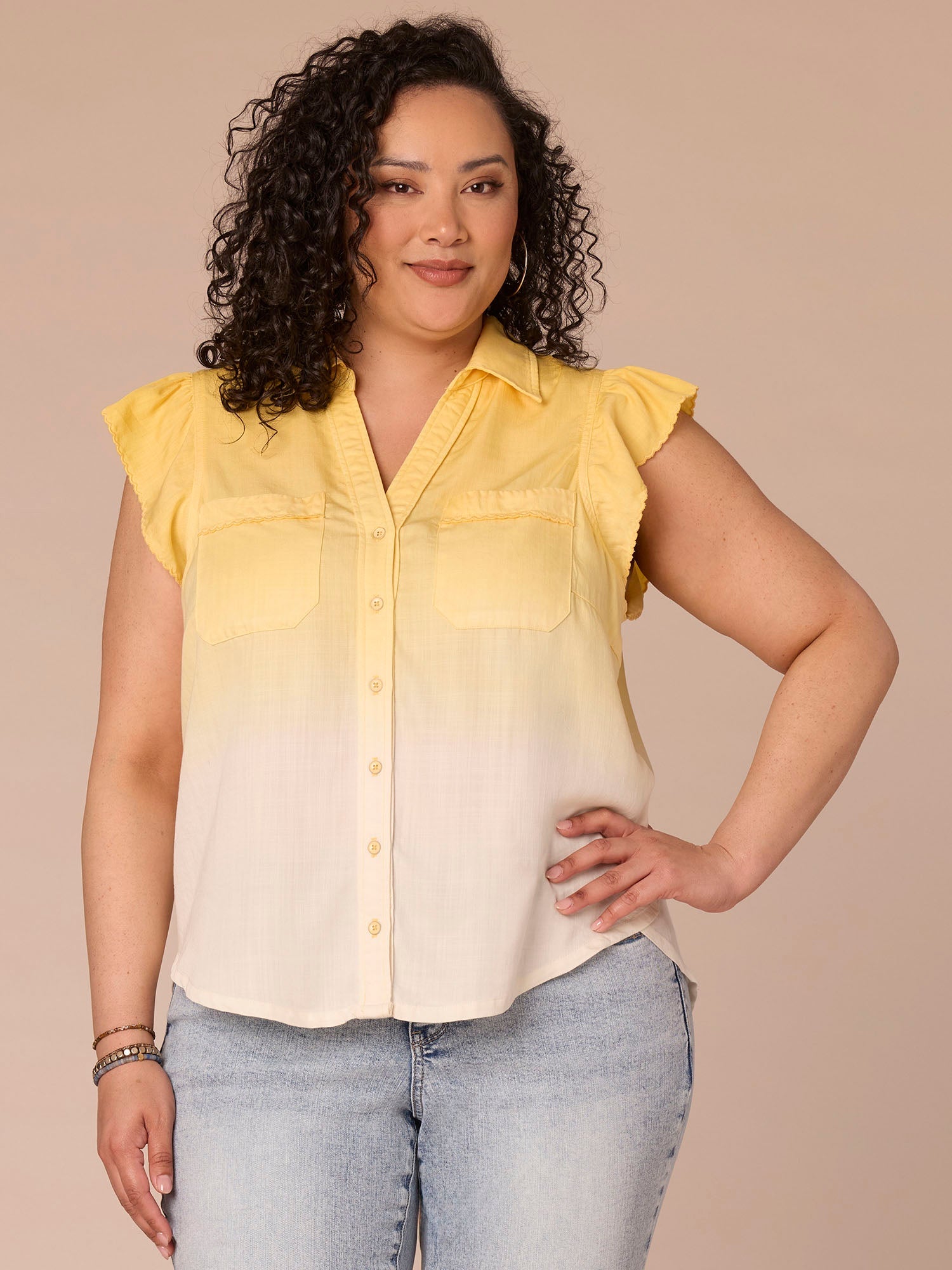 Flutter Sleeve Collar Button Down Scallop Ombre Plus Size Woven Shirt