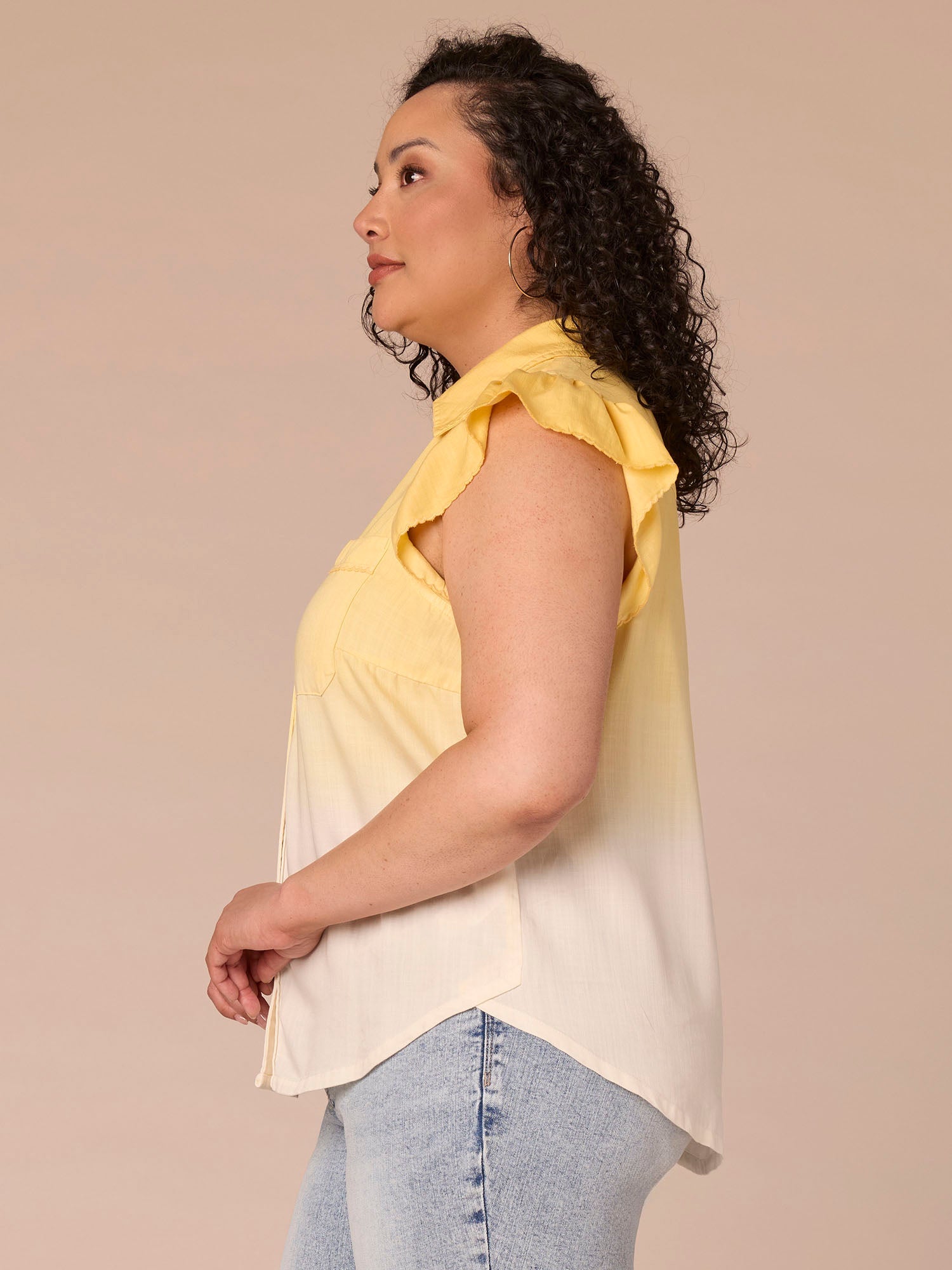 Flutter Sleeve Collar Button Down Scallop Ombre Plus Size Woven Shirt