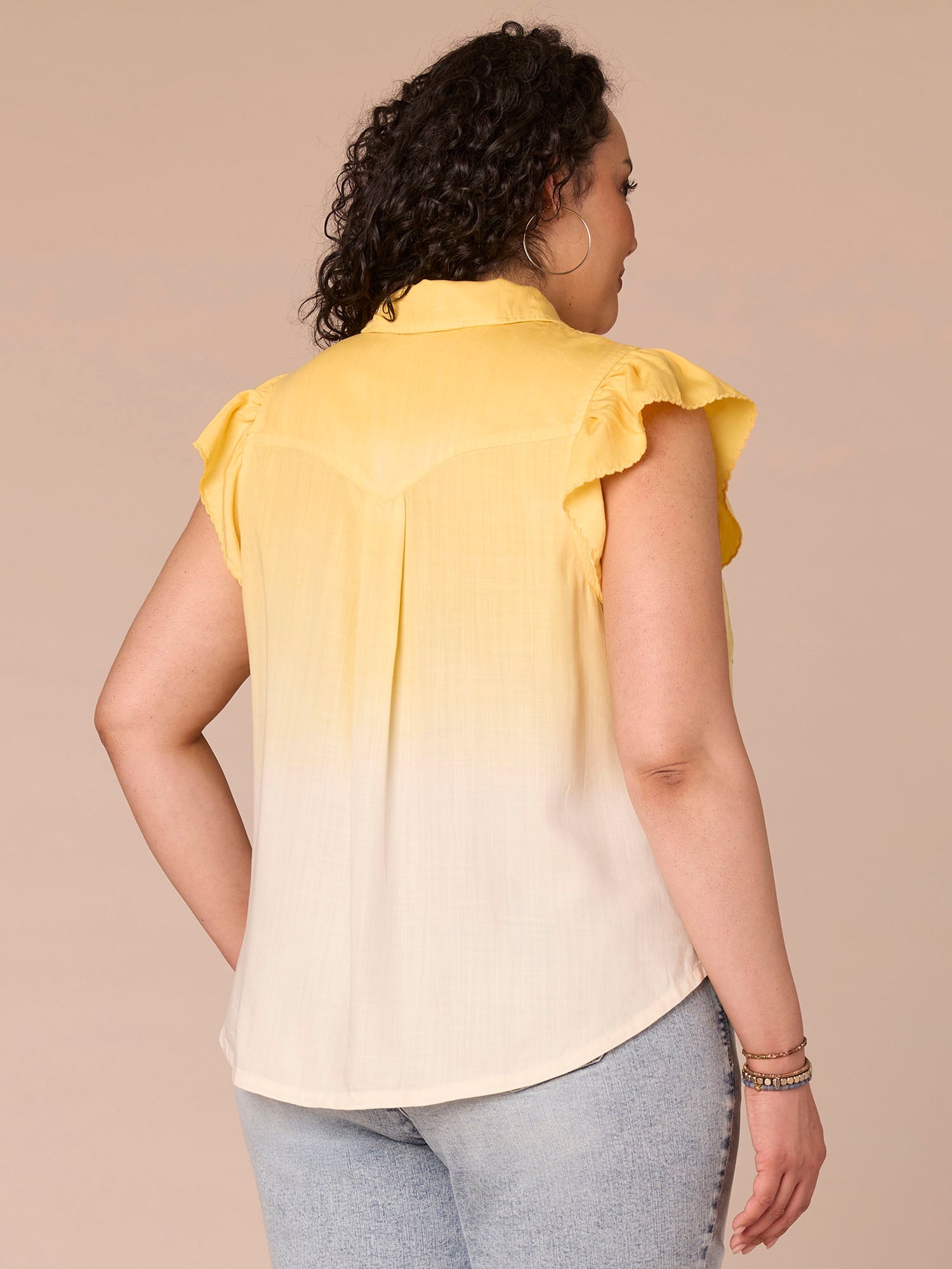Flutter Sleeve Collar Button Down Scallop Ombre Plus Size Woven Shirt
