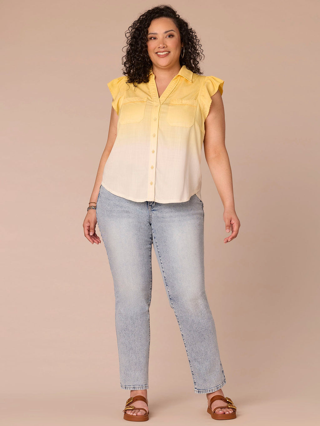 Flutter Sleeve Collar Button Down Scallop Ombre Plus Size Woven Shirt
