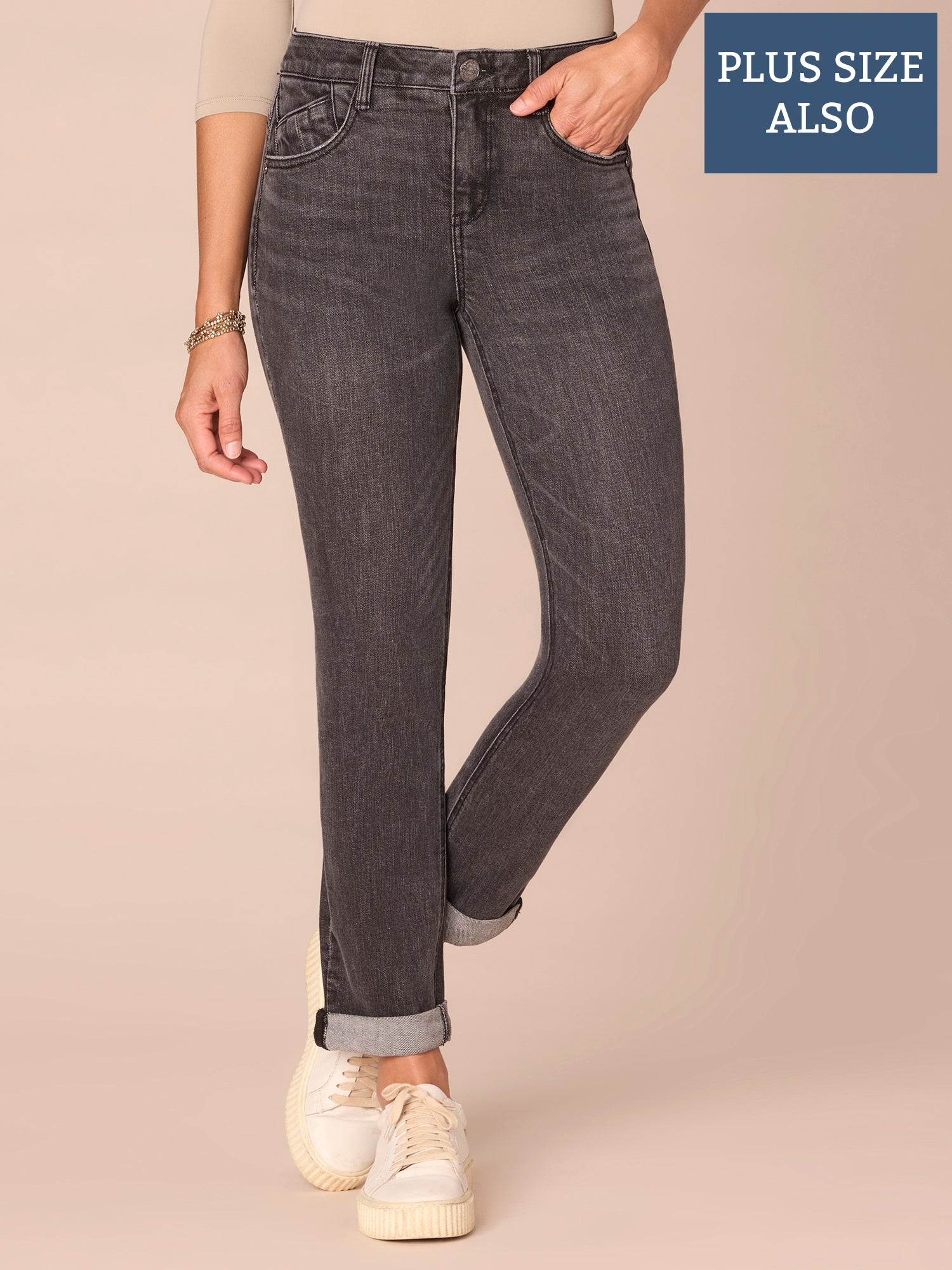 "Ab"solution® Mid-Rise Plus Size Girlfriend Jeans with Roll Cuff