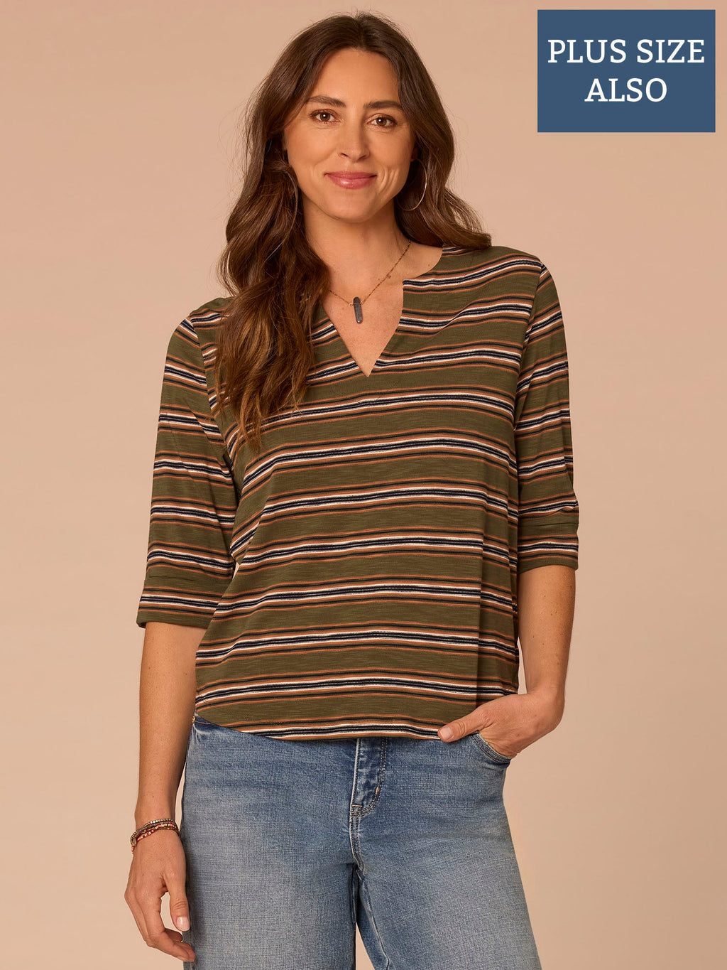 Elbow Roll Cuff Sleeve Split V-Neck Striped Plus Knit Top