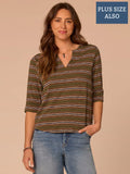 Elbow Roll Cuff Sleeve Split V-Neck Striped Plus Knit Top