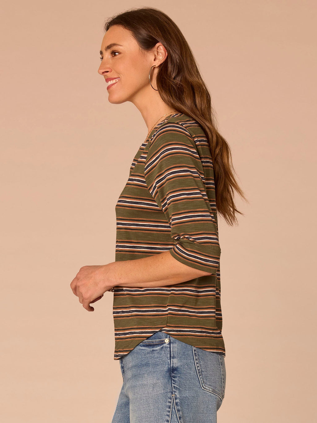 Elbow Roll Cuff Sleeve Split V-Neck Striped Plus Knit Top