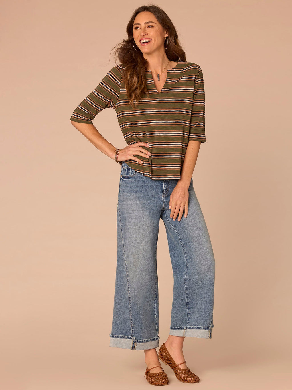 Elbow Roll Cuff Sleeve Split V-Neck Striped Plus Knit Top