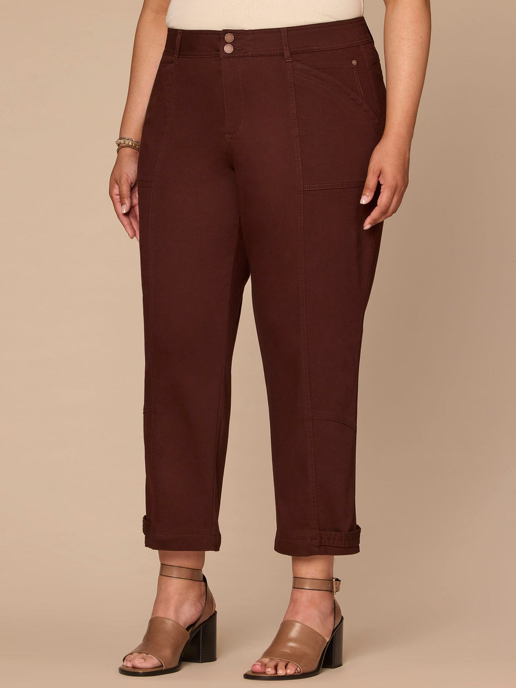 "Ab"solution High Rise Tapered Utility Plus Size Pants with Snap Hem