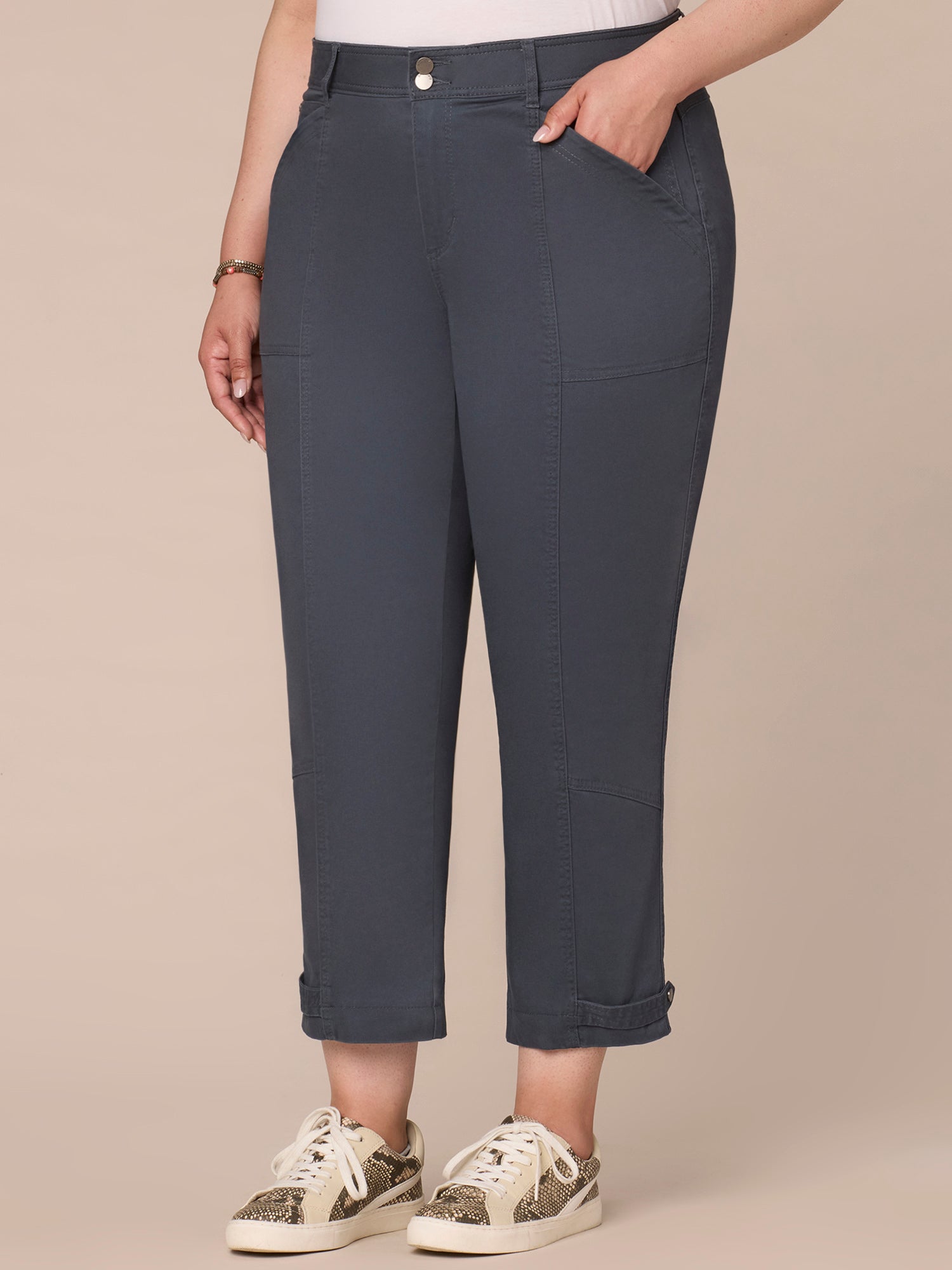 "Ab"solution High Rise Tapered Utility Plus Size Pants with Snap Hem