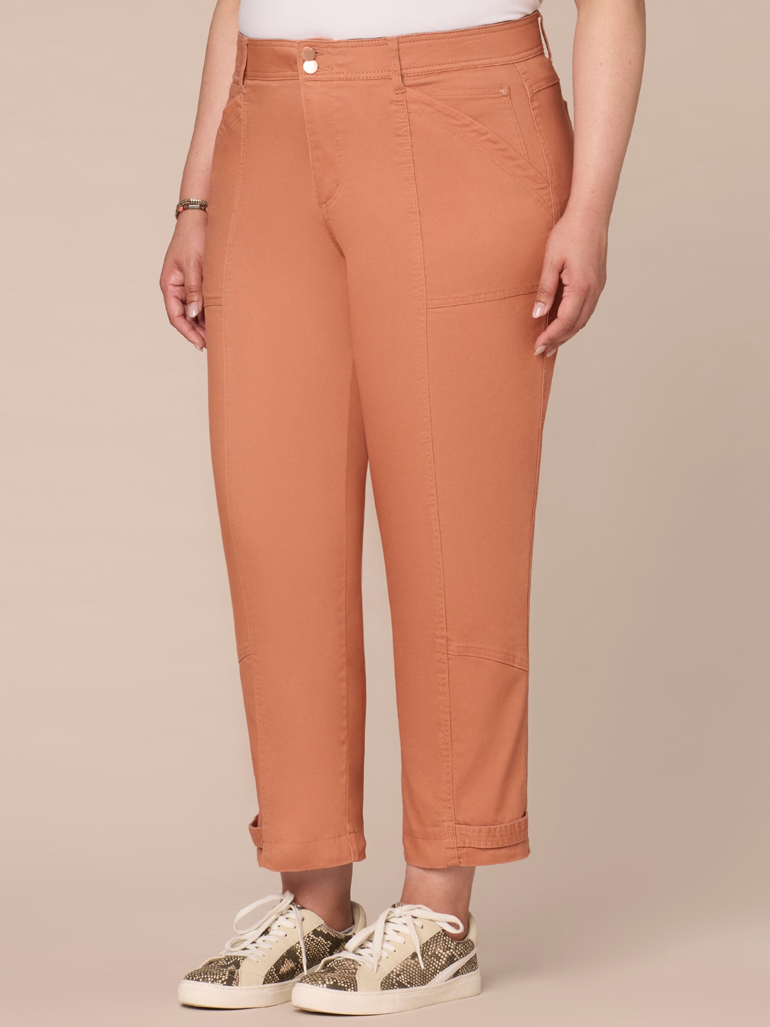 "Ab"solution High Rise Tapered Utility Plus Size Pants with Snap Hem