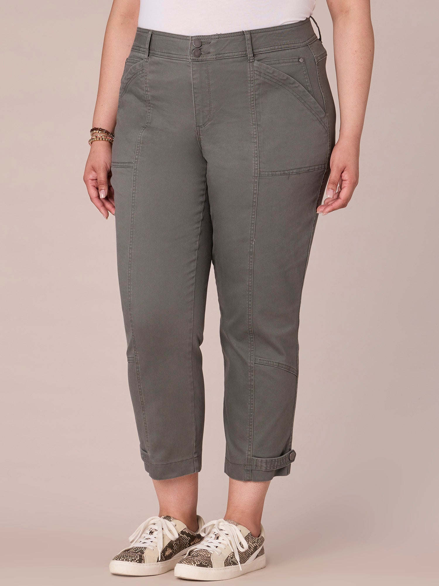 "Ab"solution High Rise Tapered Utility Plus Size Pants with Snap Hem