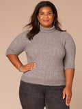 Cuffed Elbow Sleeve Turtle Neck Cable Stitch Mix Plus Size Sweater
