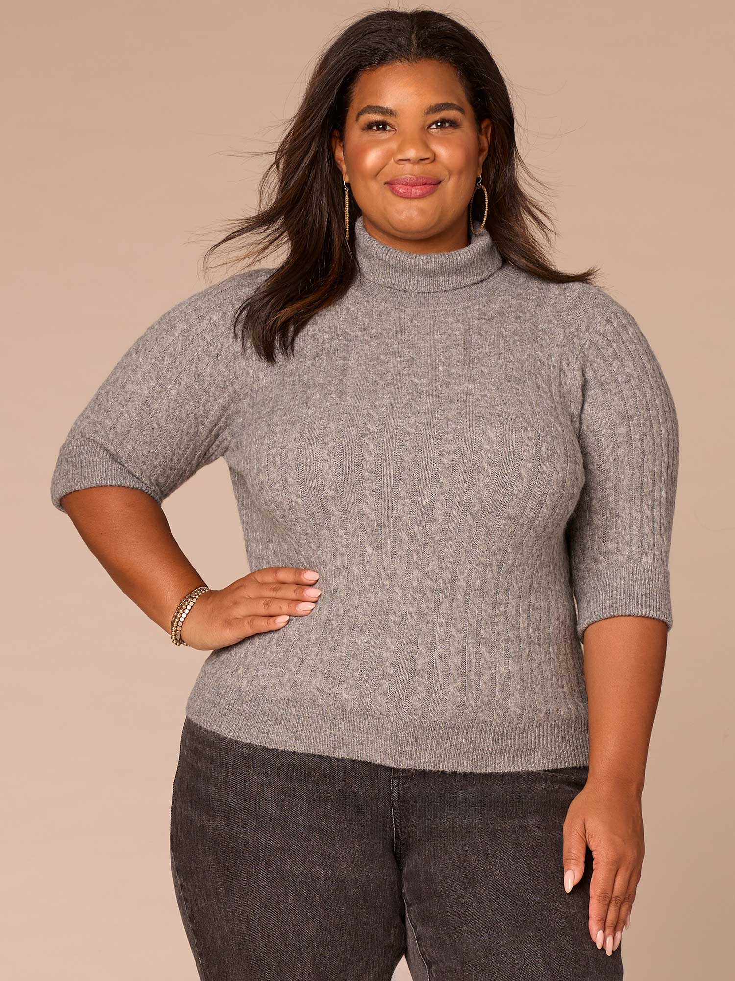 Cuffed Elbow Sleeve Turtle Neck Cable Stitch Mix Plus Size Sweater