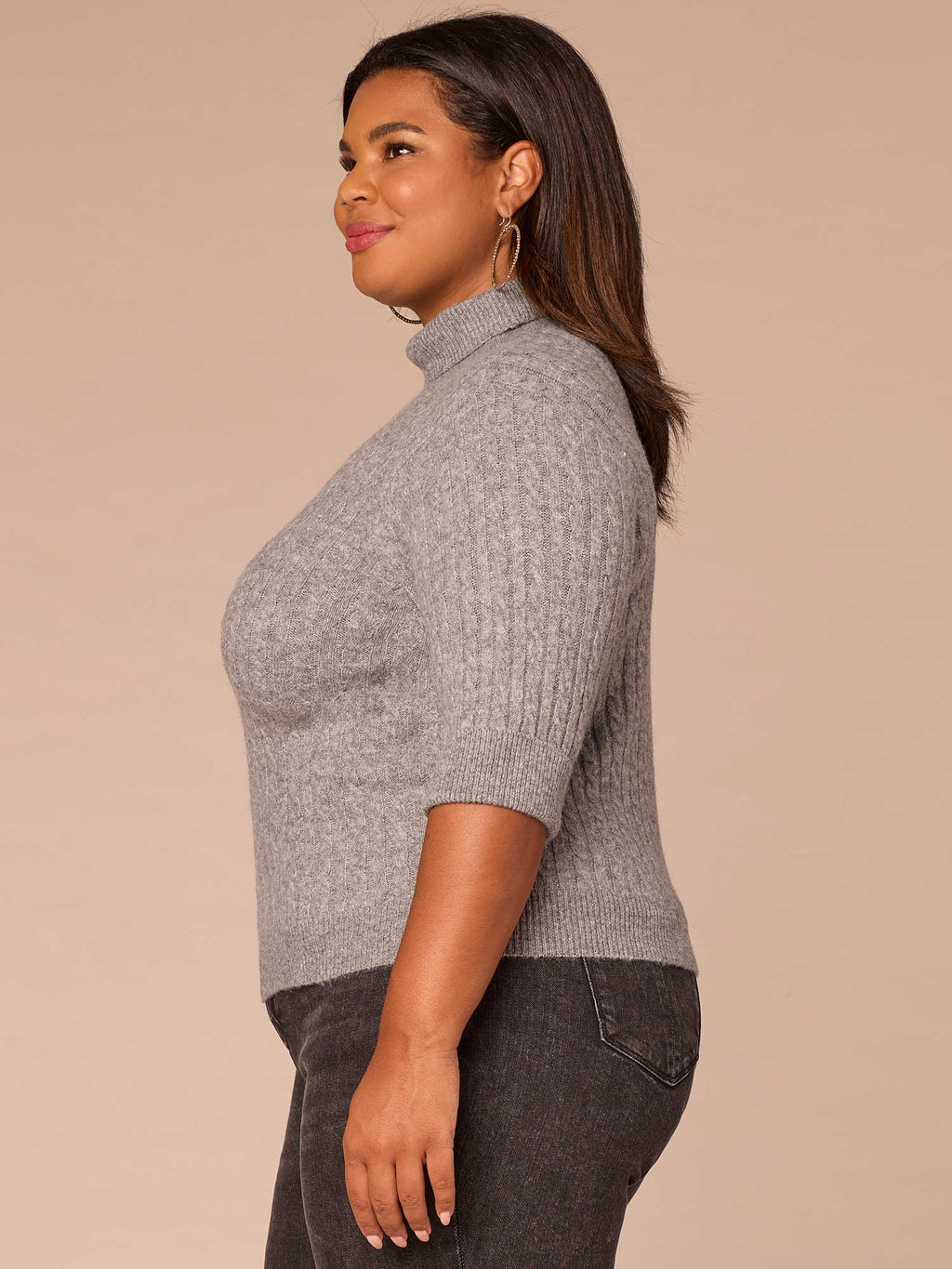Cuffed Elbow Sleeve Turtle Neck Cable Stitch Mix Plus Size Sweater