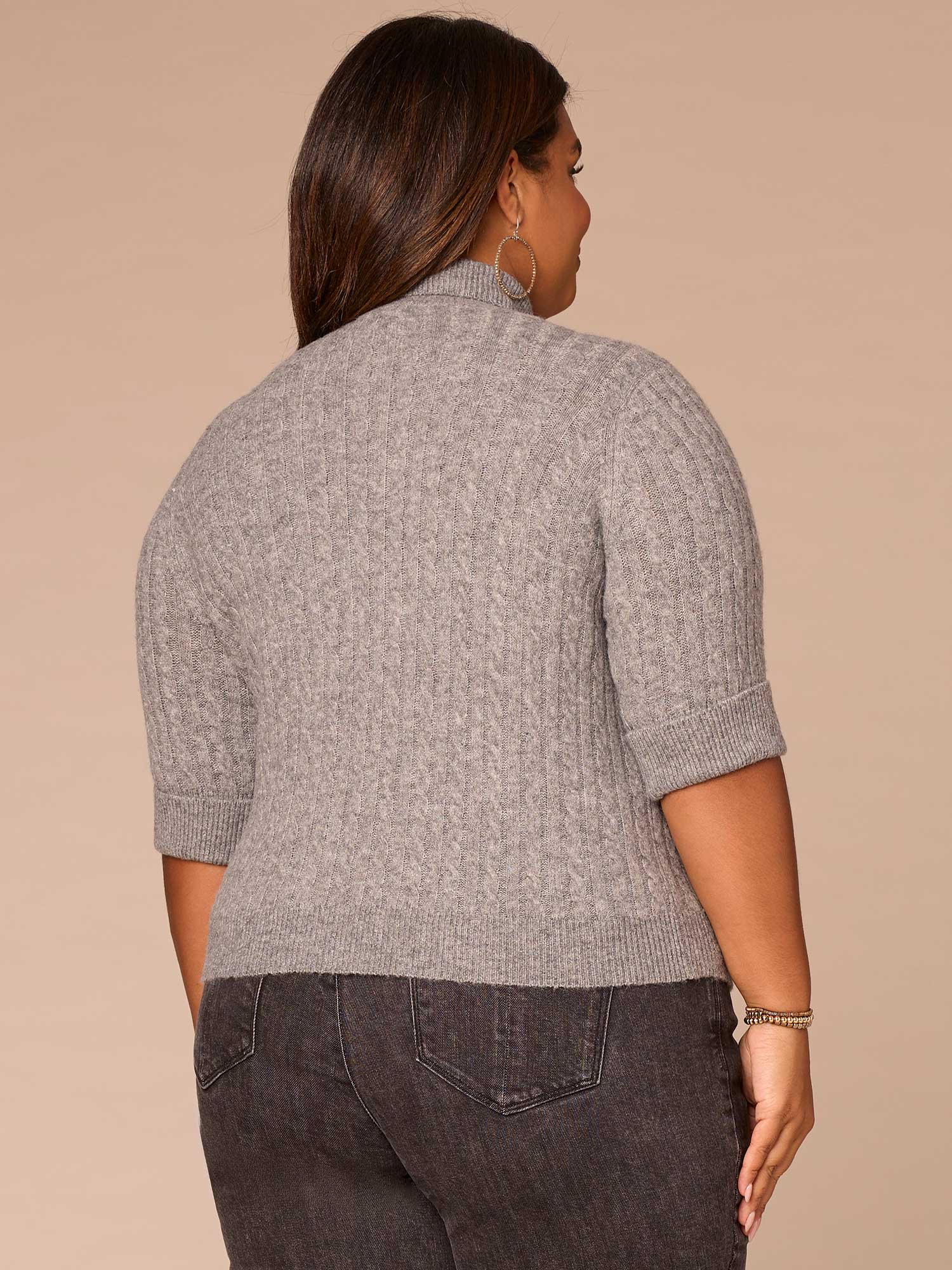 Cuffed Elbow Sleeve Turtle Neck Cable Stitch Mix Plus Size Sweater