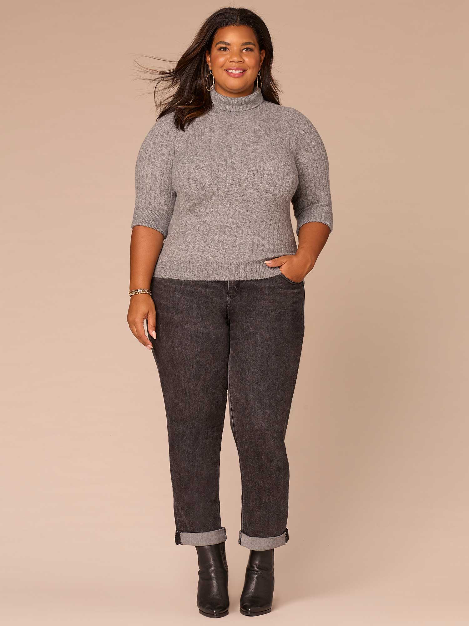 Cuffed Elbow Sleeve Turtle Neck Cable Stitch Mix Plus Size Sweater
