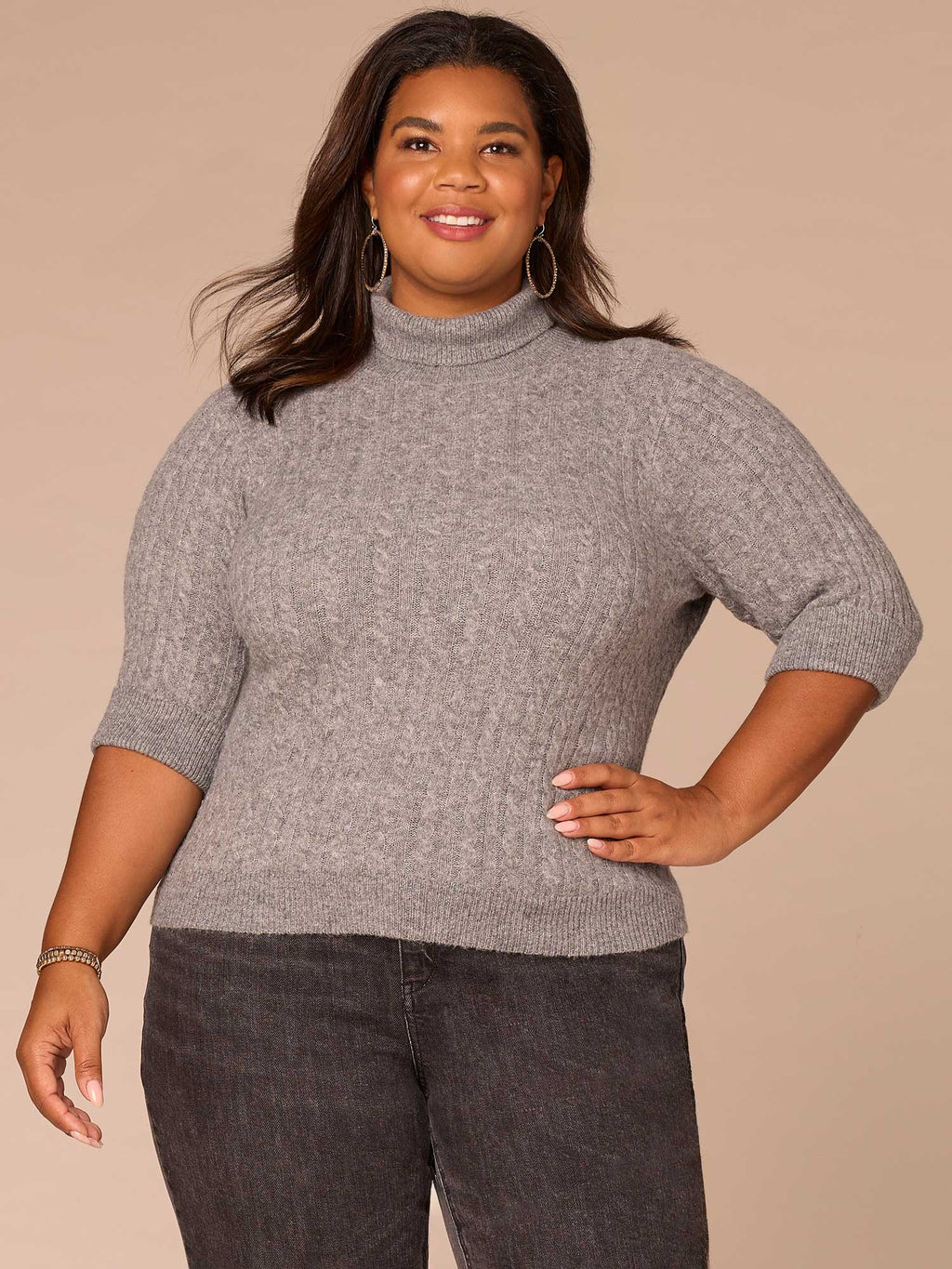 Cuffed Elbow Sleeve Turtle Neck Cable Stitch Mix Plus Size Sweater