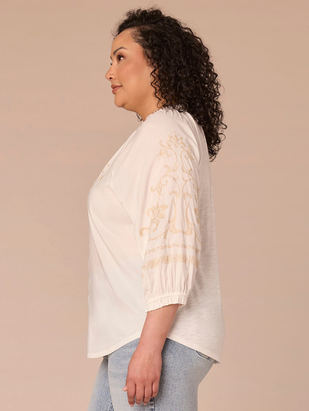 Blouson Sleeve Ruffle Edge Neck Mixed Media Plus Size Woven Top