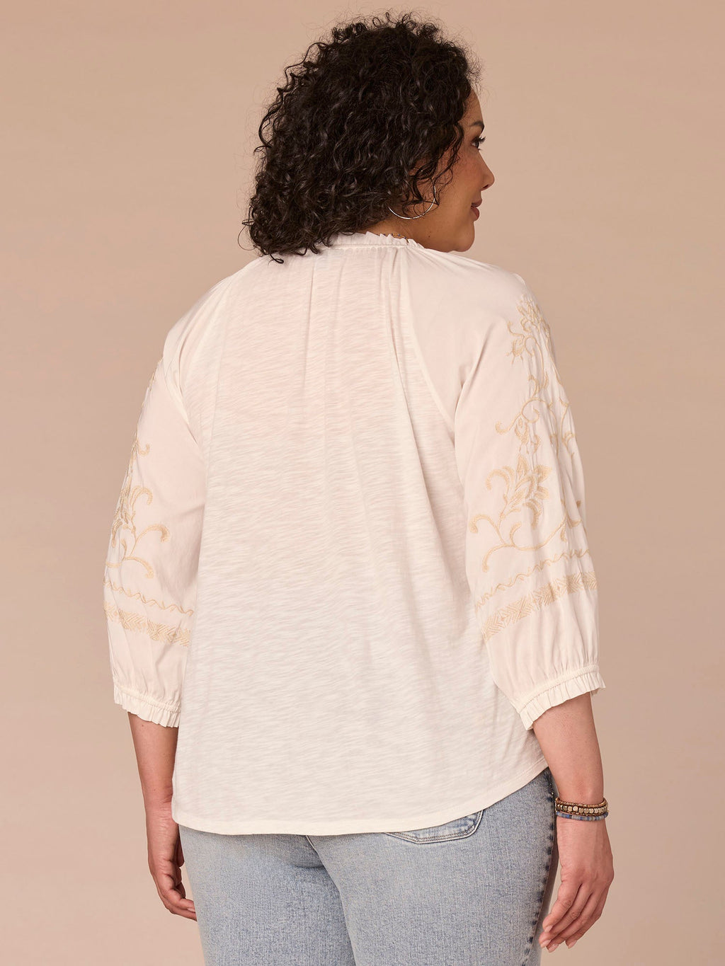 Blouson Sleeve Ruffle Edge Neck Mixed Media Plus Size Woven Top