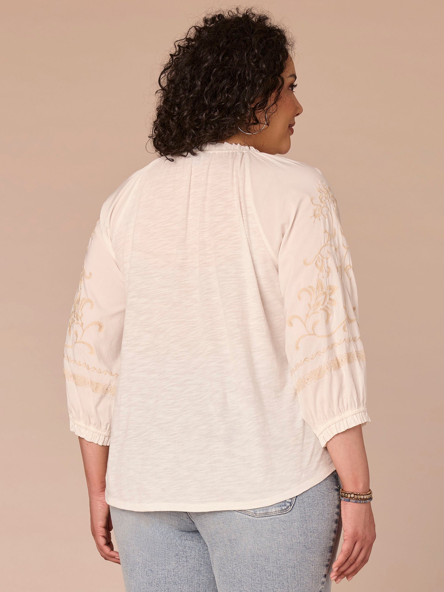 Blouson Sleeve Ruffle Edge Neck Mixed Media Plus Size Woven Top