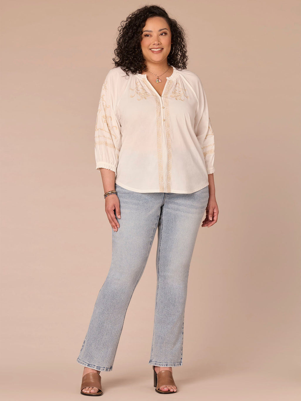Blouson Sleeve Ruffle Edge Neck Mixed Media Plus Size Woven Top