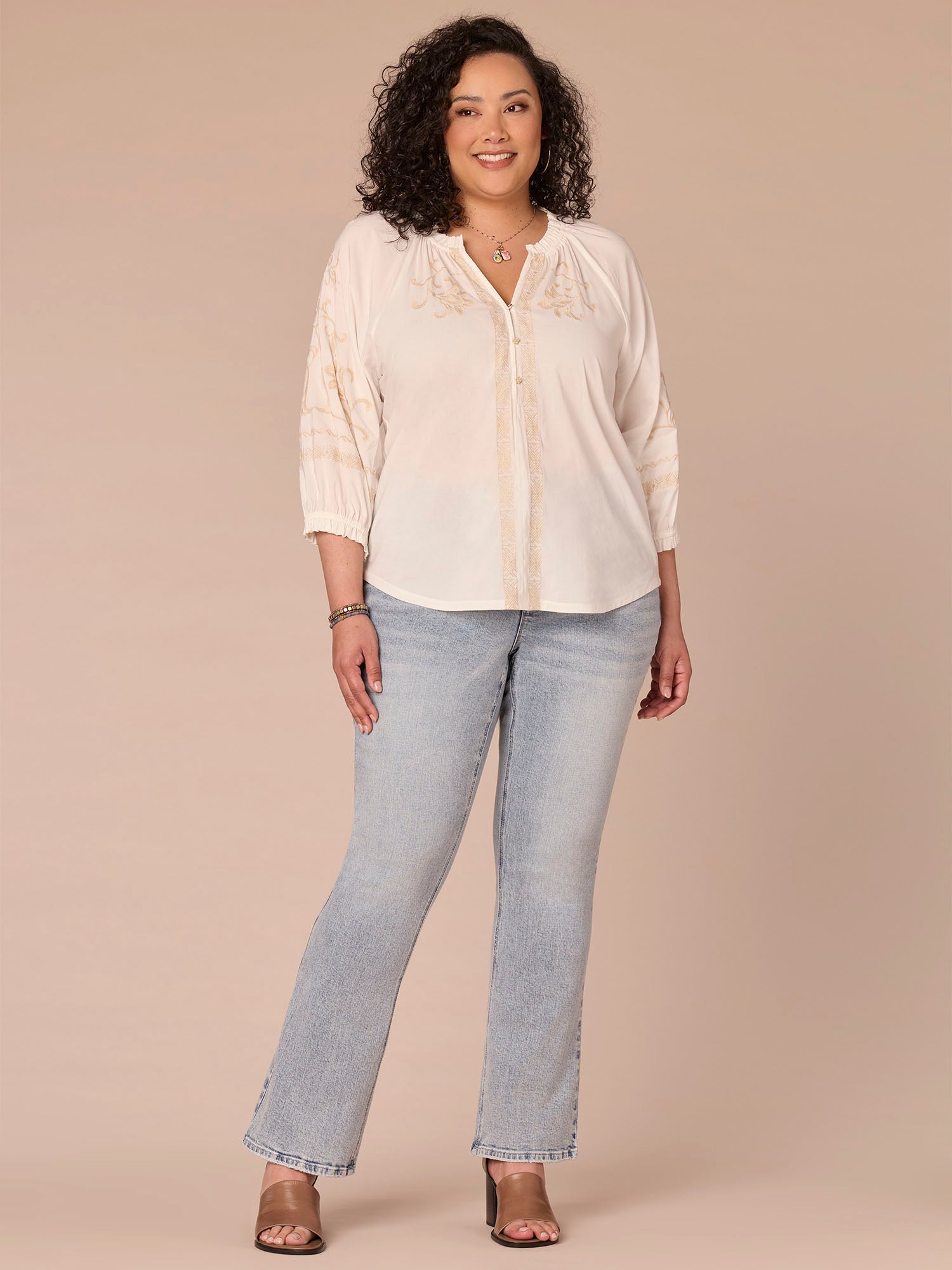 Blouson Sleeve Ruffle Edge Neck Mixed Media Plus Size Woven Top