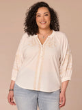 Blouson Sleeve Ruffle Edge Neck Mixed Media Plus Size Woven Top