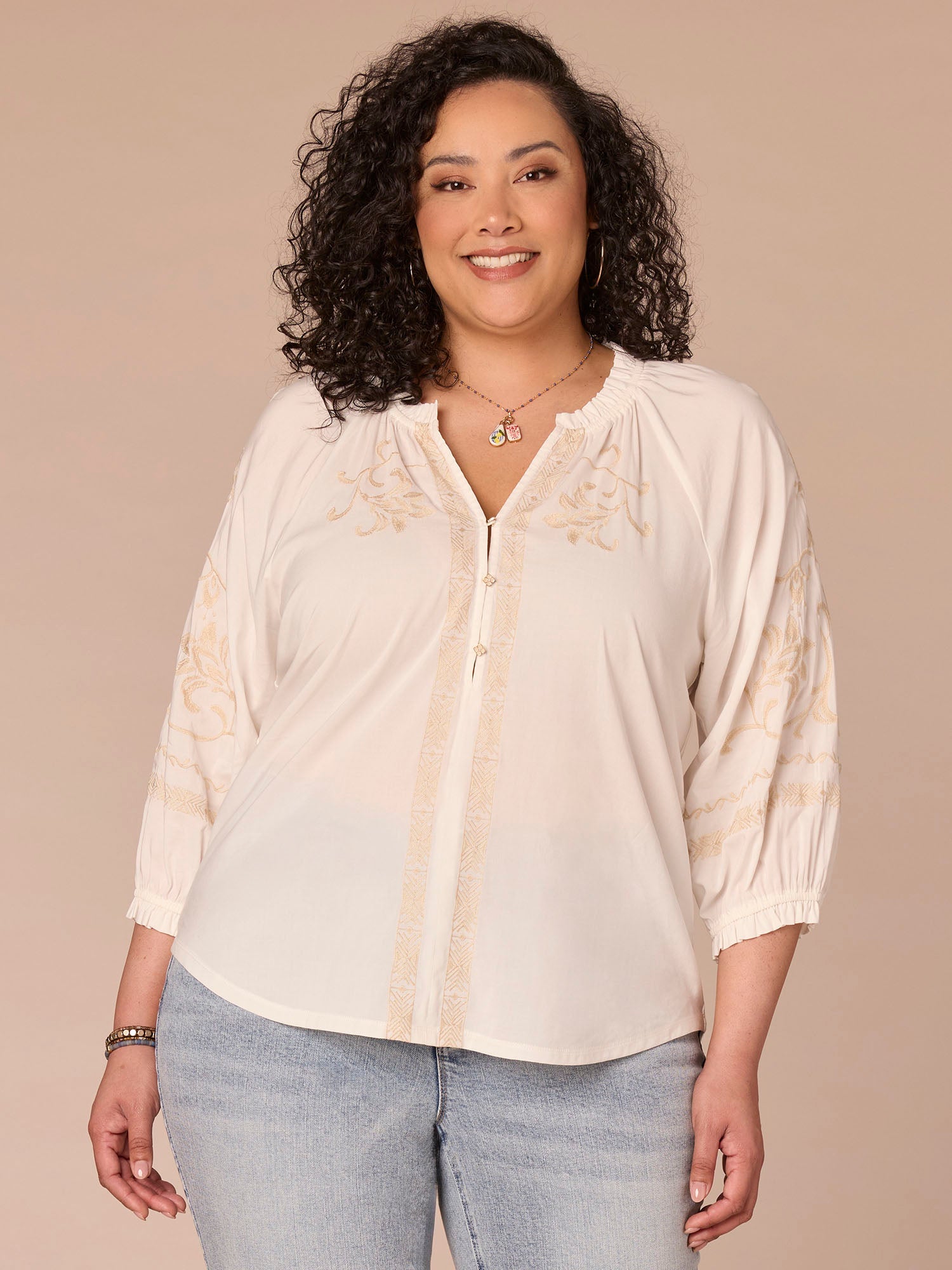 Blouson Sleeve Ruffle Edge Neck Mixed Media Plus Size Woven Top