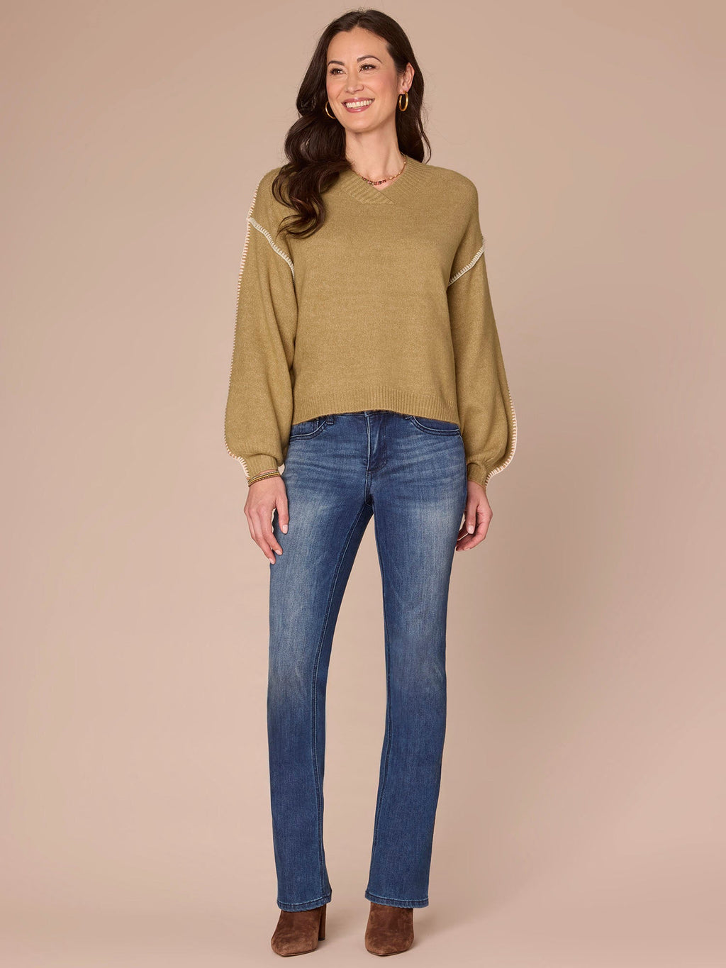 Blouson Sleeve V-Neck Blanket Stitch Embroidered Plus Size Sweater