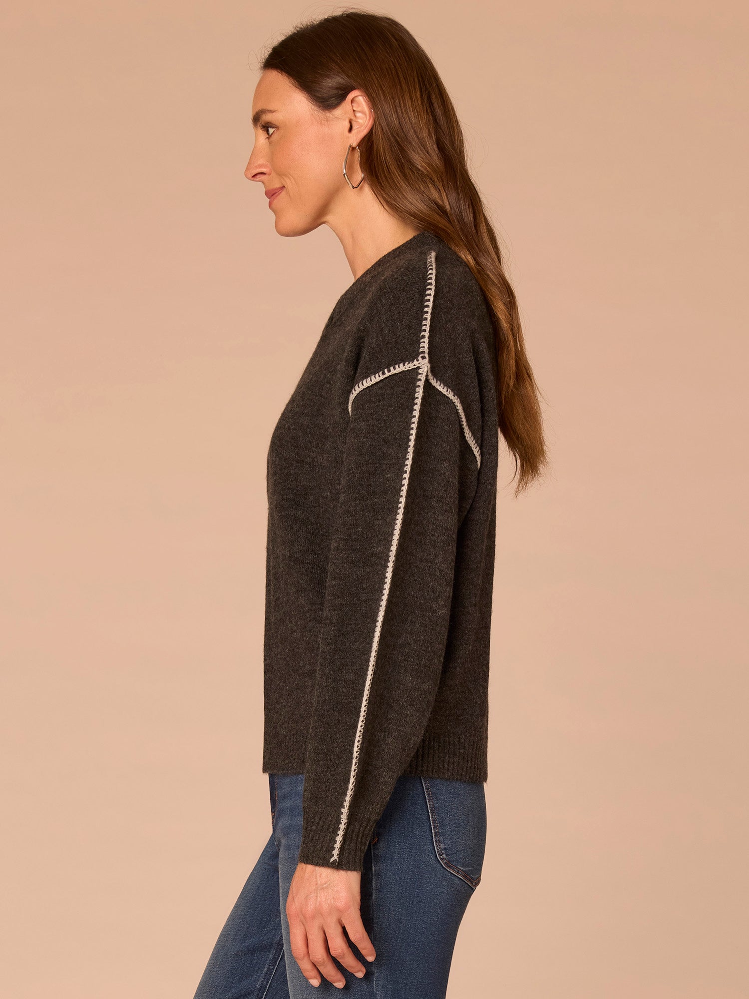 Blouson Sleeve V-Neck Blanket Stitch Embroidered Plus Size Sweater