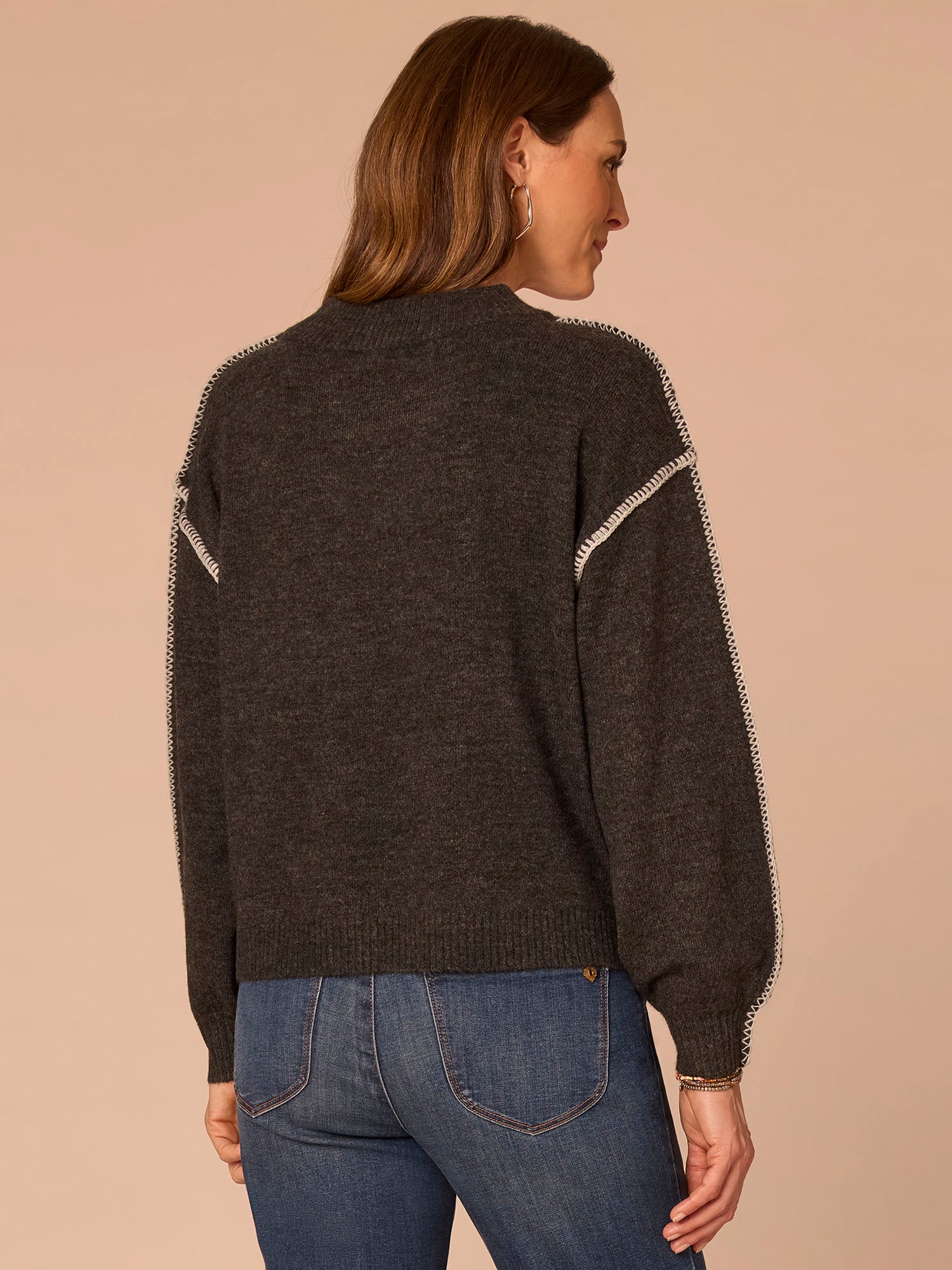 Blouson Sleeve V-Neck Blanket Stitch Embroidered Plus Size Sweater