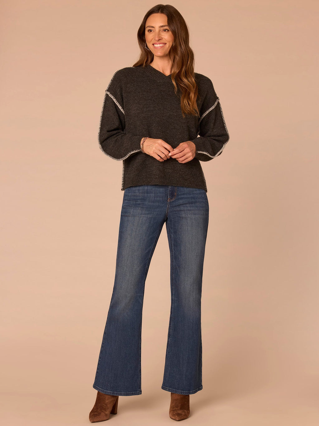 Blouson Sleeve V-Neck Blanket Stitch Embroidered Plus Size Sweater