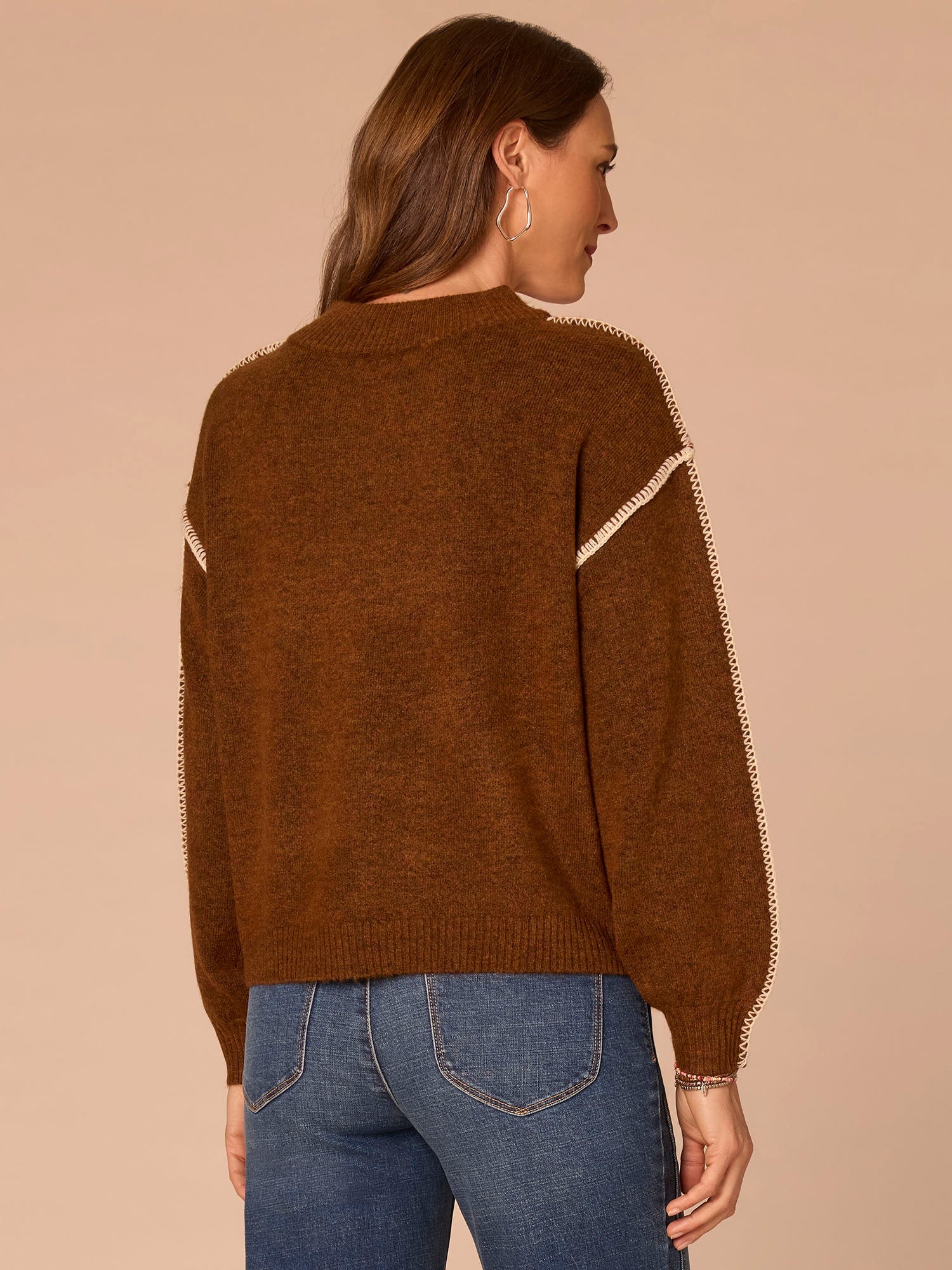 Blouson Sleeve V-Neck Blanket Stitch Embroidered Plus Size Sweater