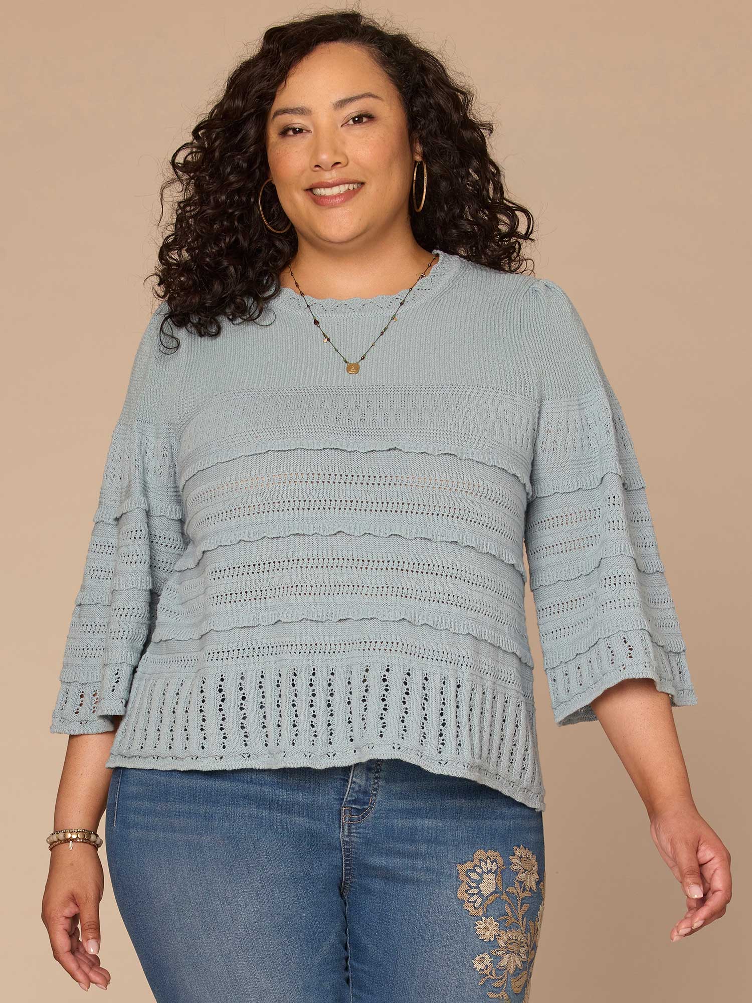 Bell Sleeve Round Neck Scallop Edge Stitch Mix Plus Size Sweater