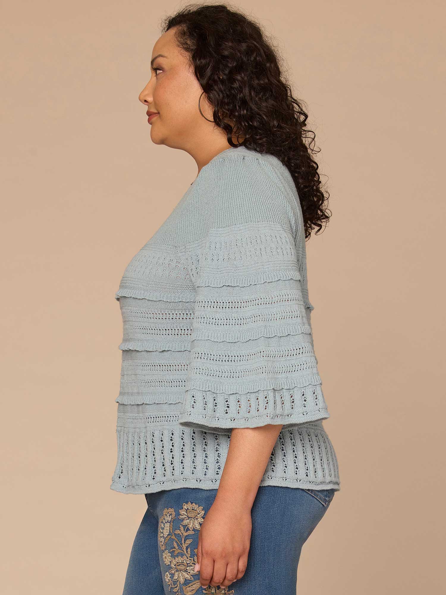 Bell Sleeve Round Neck Scallop Edge Stitch Mix Plus Size Sweater