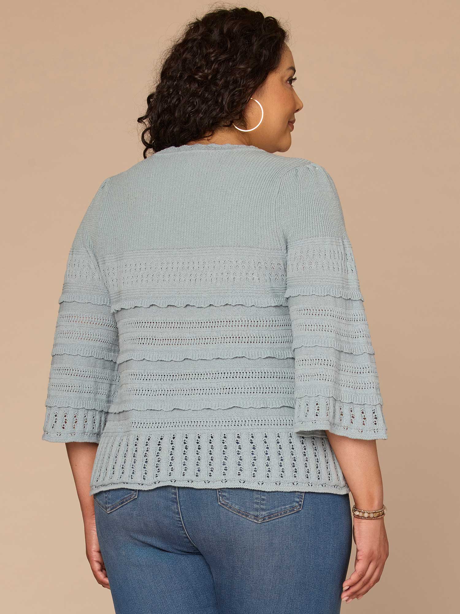 Bell Sleeve Round Neck Scallop Edge Stitch Mix Plus Size Sweater