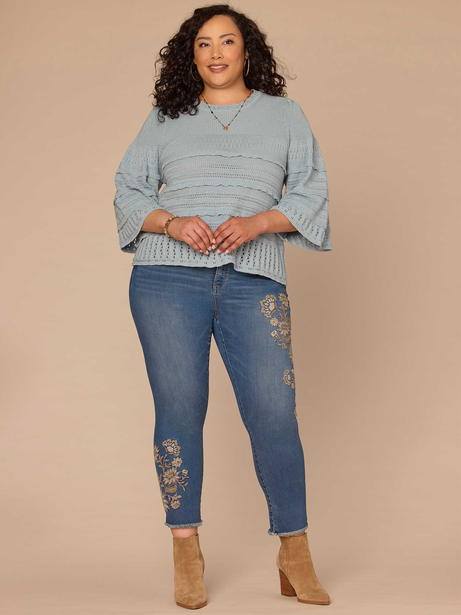 Bell Sleeve Round Neck Scallop Edge Stitch Mix Plus Size Sweater