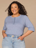 Elbow Roll Cuff Sleeve Scoop Neck Crochet Placket Plus Size Knit Top