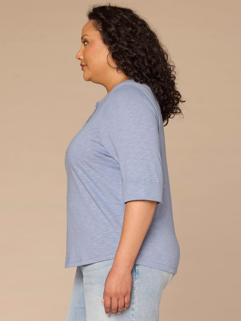 Elbow Roll Cuff Sleeve Scoop Neck Crochet Placket Plus Size Knit Top