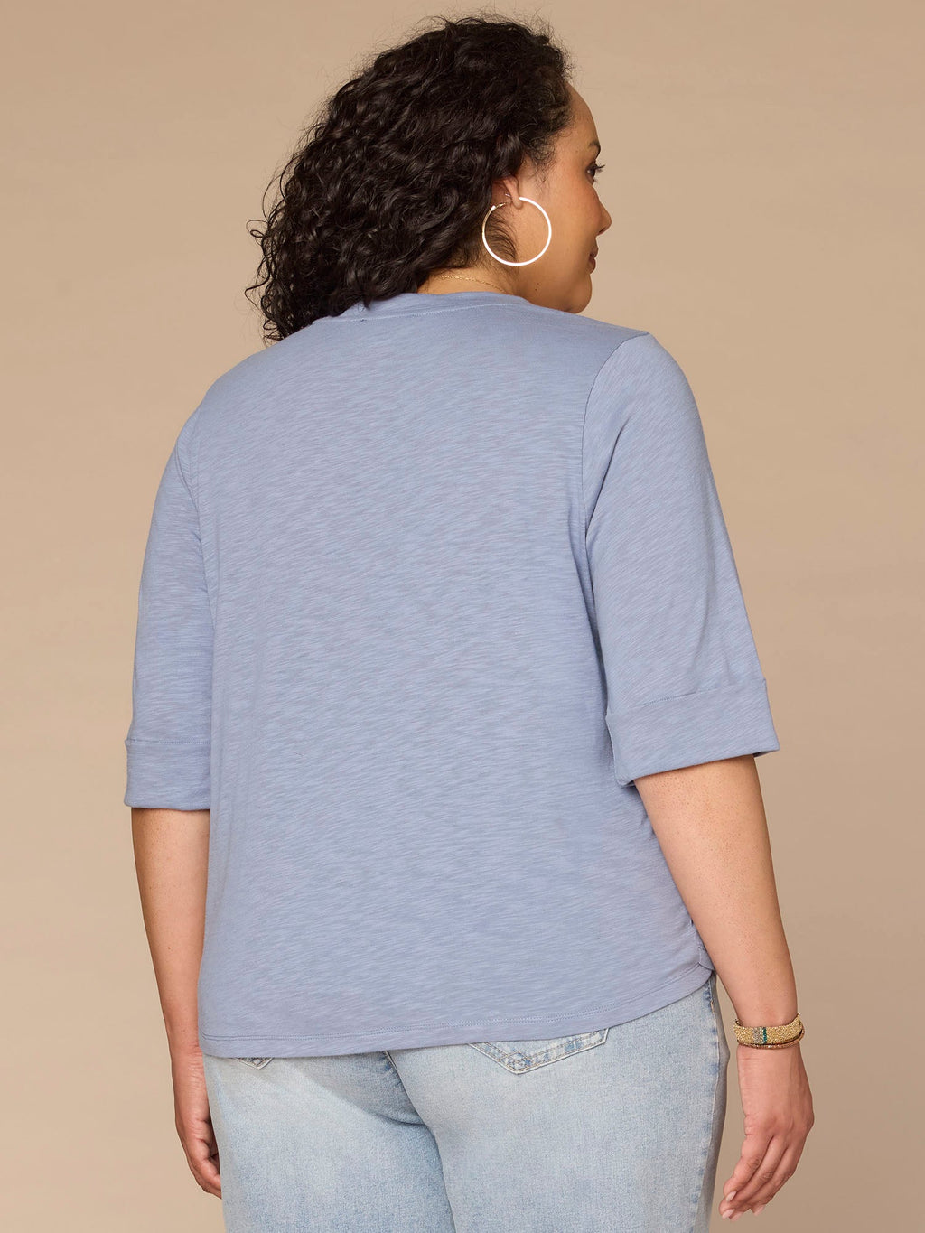 Elbow Roll Cuff Sleeve Scoop Neck Crochet Placket Plus Size Knit Top