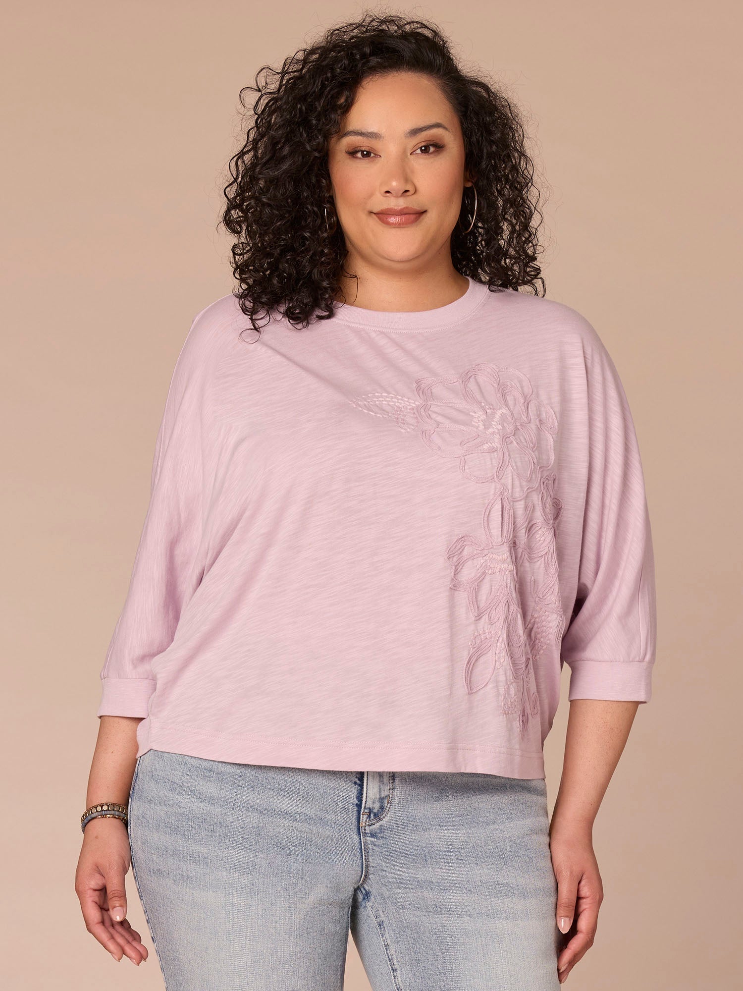 Dolman Sleeve Scoop Neck Floral Embroidered Plus Size Knit Top