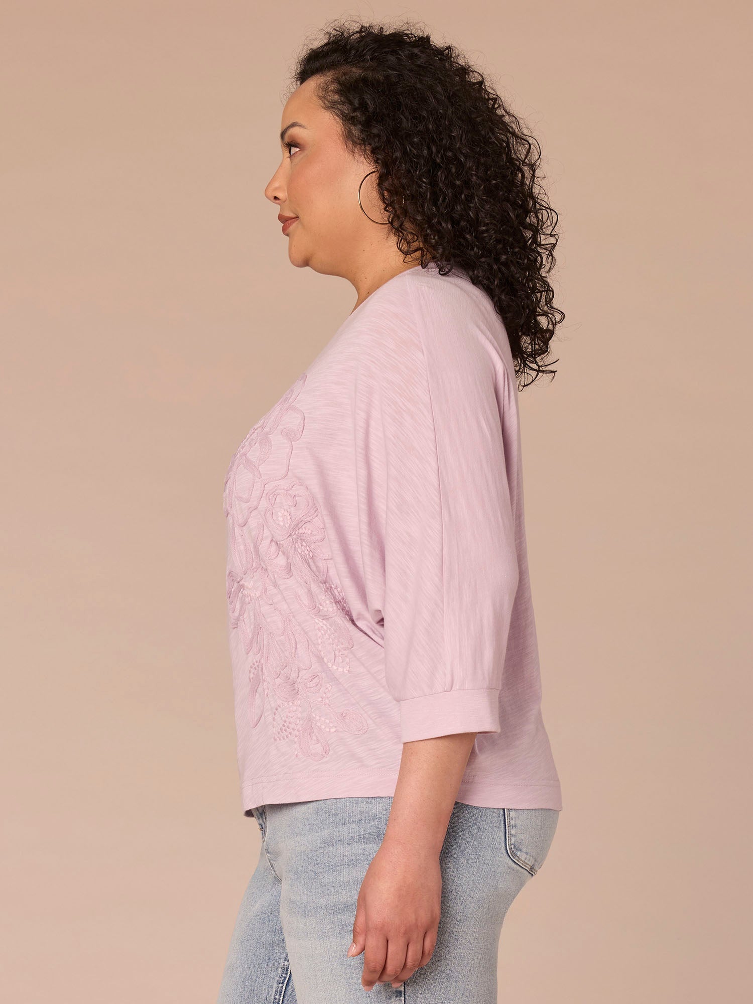 Dolman Sleeve Scoop Neck Floral Embroidered Plus Size Knit Top