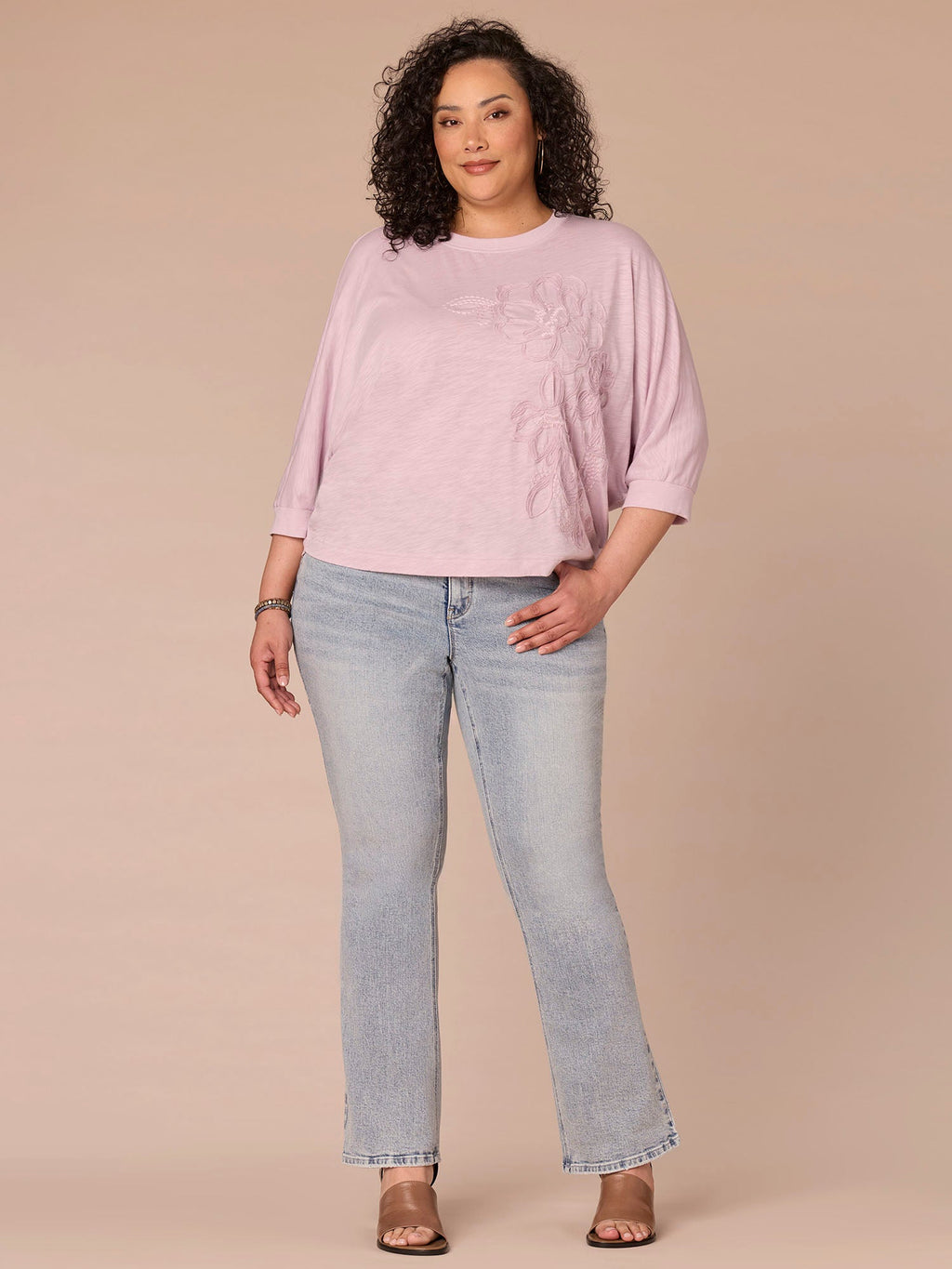 Dolman Sleeve Scoop Neck Floral Embroidered Plus Size Knit Top