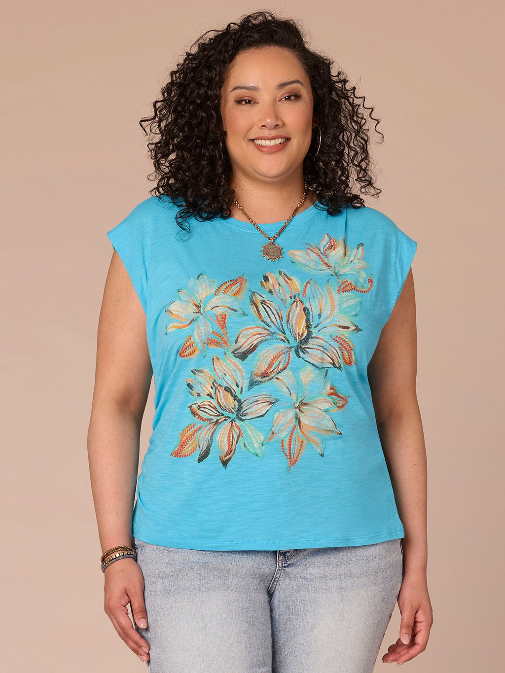 Extended Sleeve Scoop Neck Side Ruched Screen Print Plus Size Knit Top