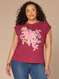 Cap Sleeve Scoop Neck Asymmetrical Ruching Printed Plus Size Knit Top