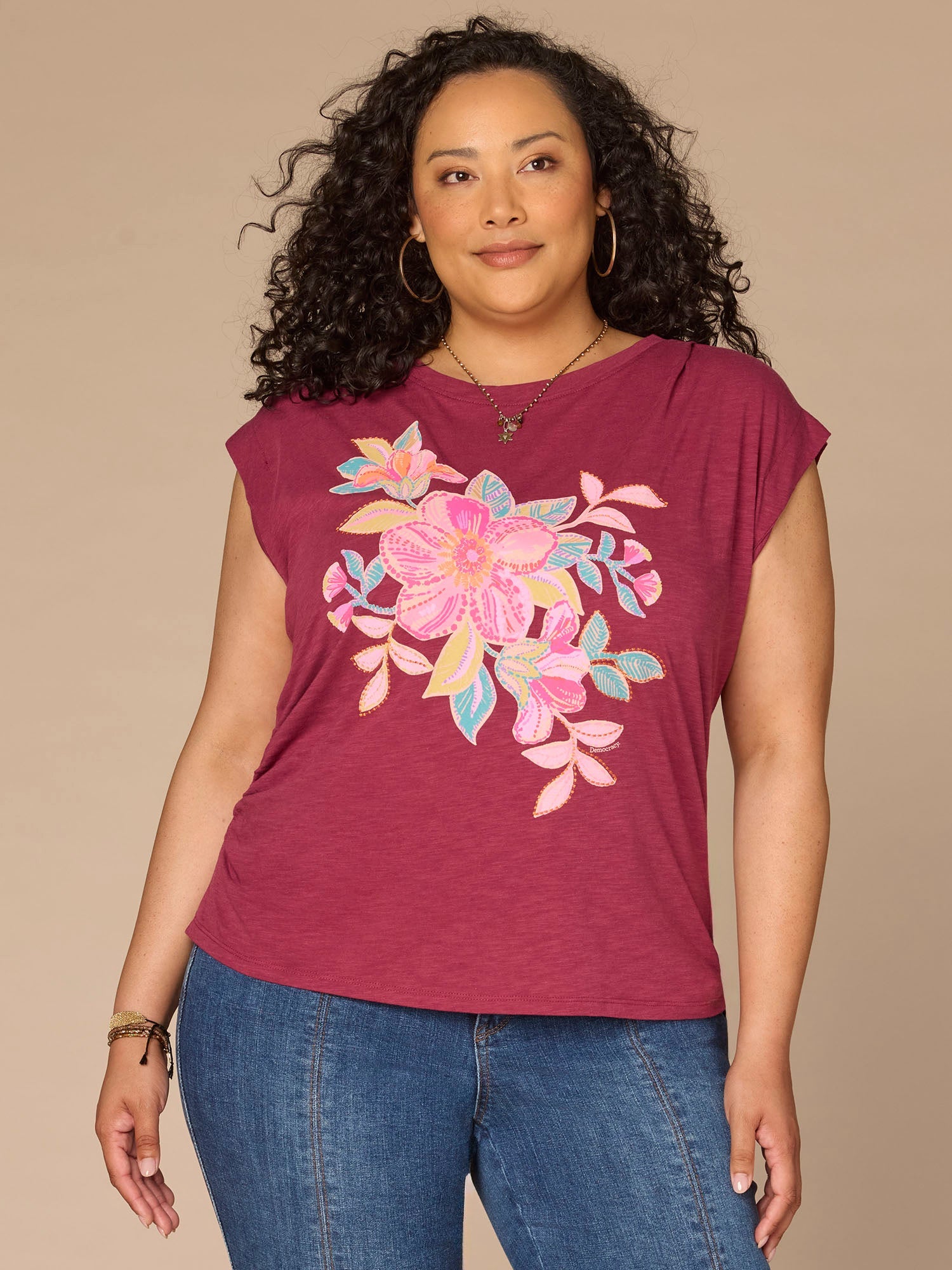 Cap Sleeve Scoop Neck Asymmetrical Ruching Printed Plus Size Knit Top