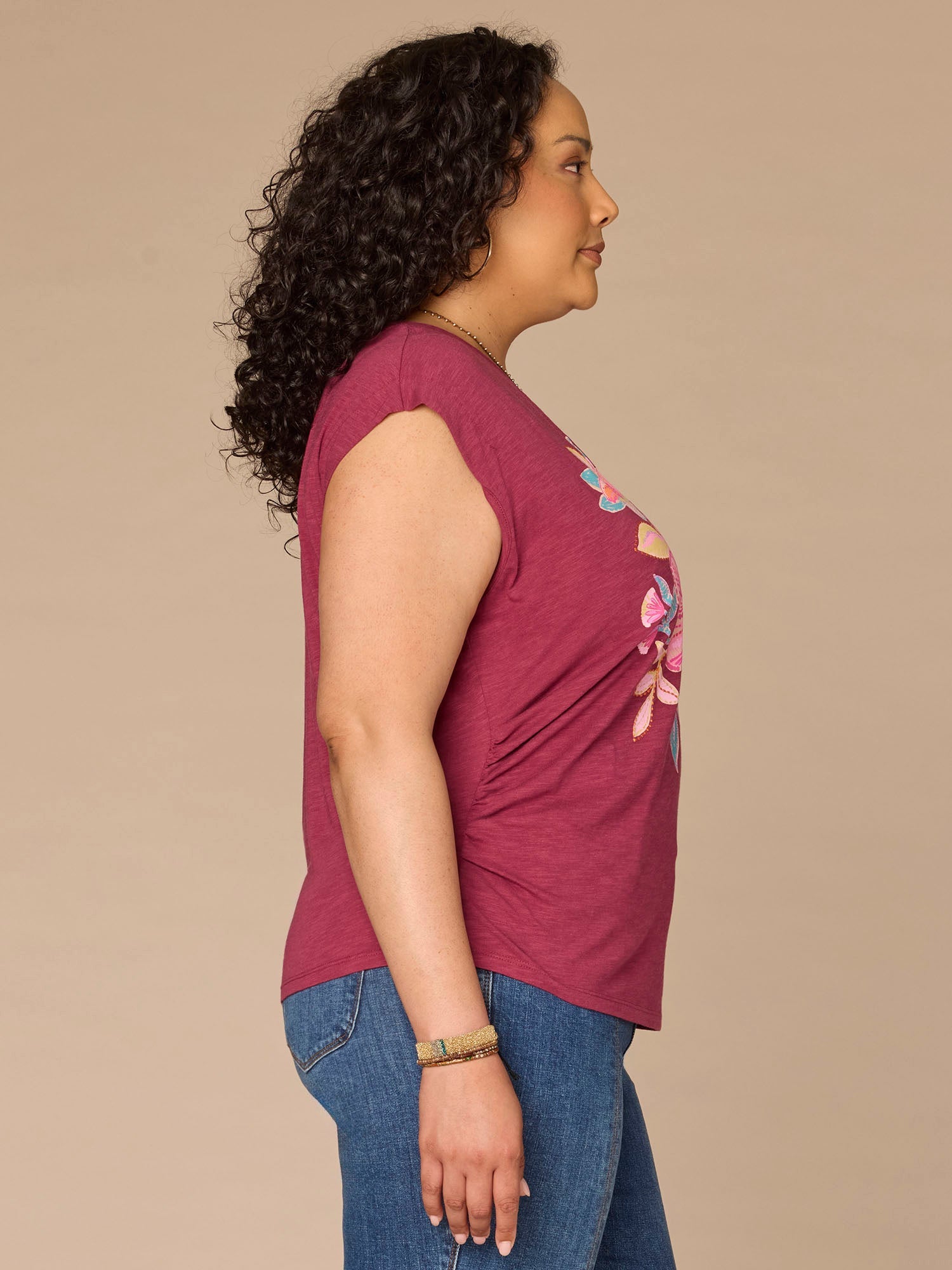 Cap Sleeve Scoop Neck Asymmetrical Ruching Printed Plus Size Knit Top