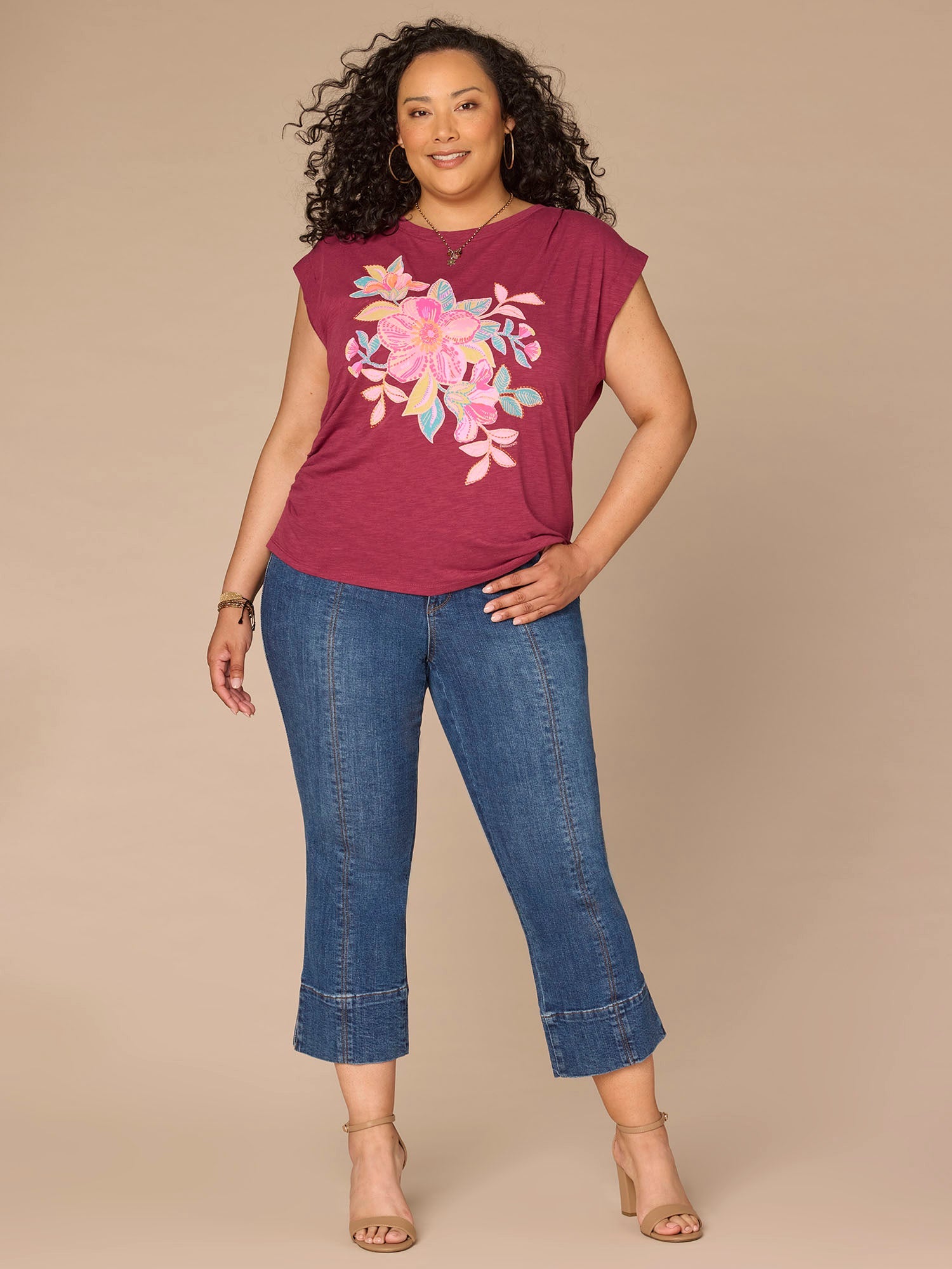 Cap Sleeve Scoop Neck Asymmetrical Ruching Printed Plus Size Knit Top