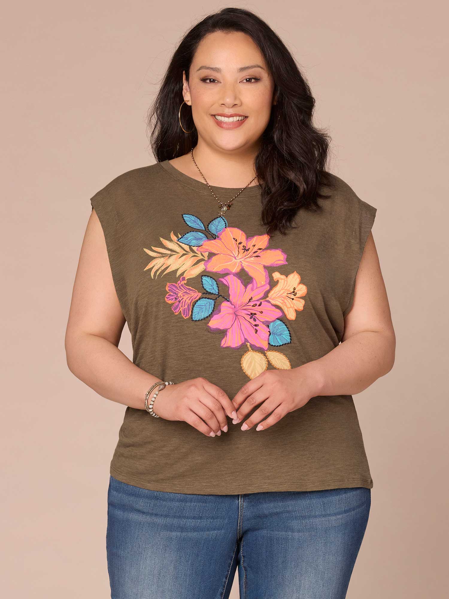 Cap Sleeve Scoop Neck Asymmetrical Ruching Printed Plus Size Knit Top